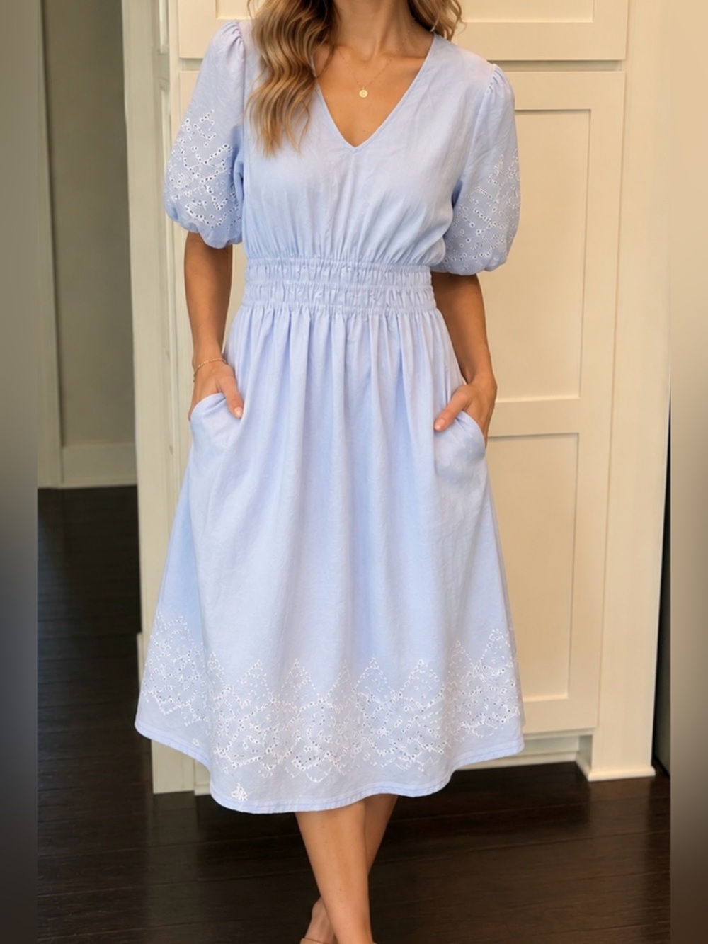 Saks Fifth Avenue Midi Dress with Puff Sleeves and Eyelet Detail